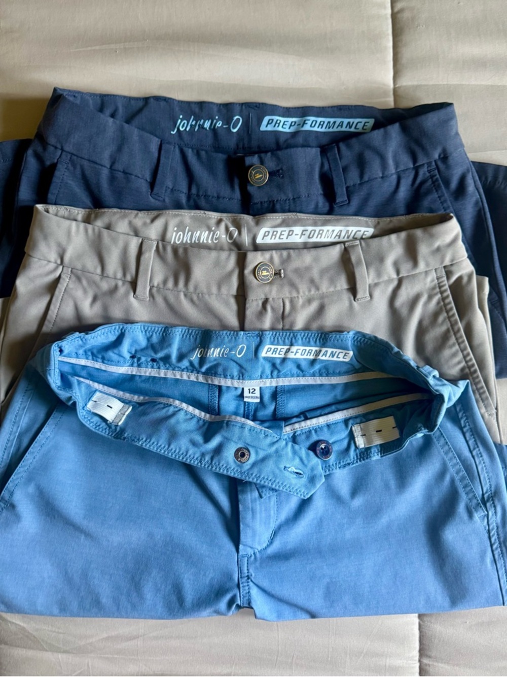 johnnie-O Prep-Formance Shorts in Navy, Khaki, and Light Blue